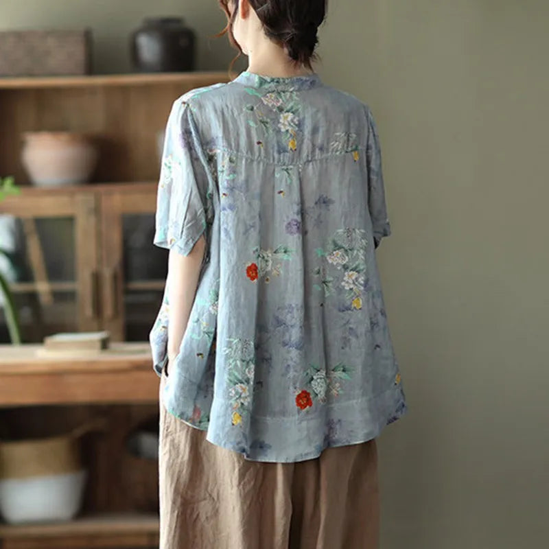 Relaxed Fit Floral Print Cotton Linen Short Sleeve Shirt for Women