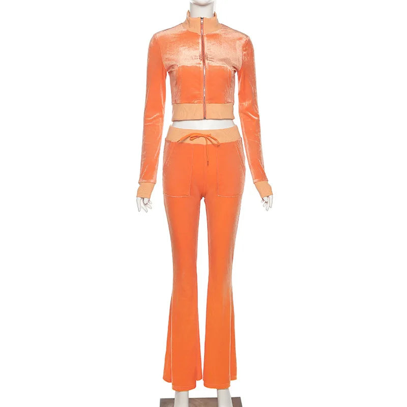 Zippered Turtleneck Velour Two Piece Wide Leg Set for Women