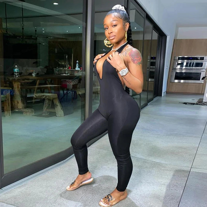 Halter V Neck Sleeveless Bodycon Jumpsuit for Women