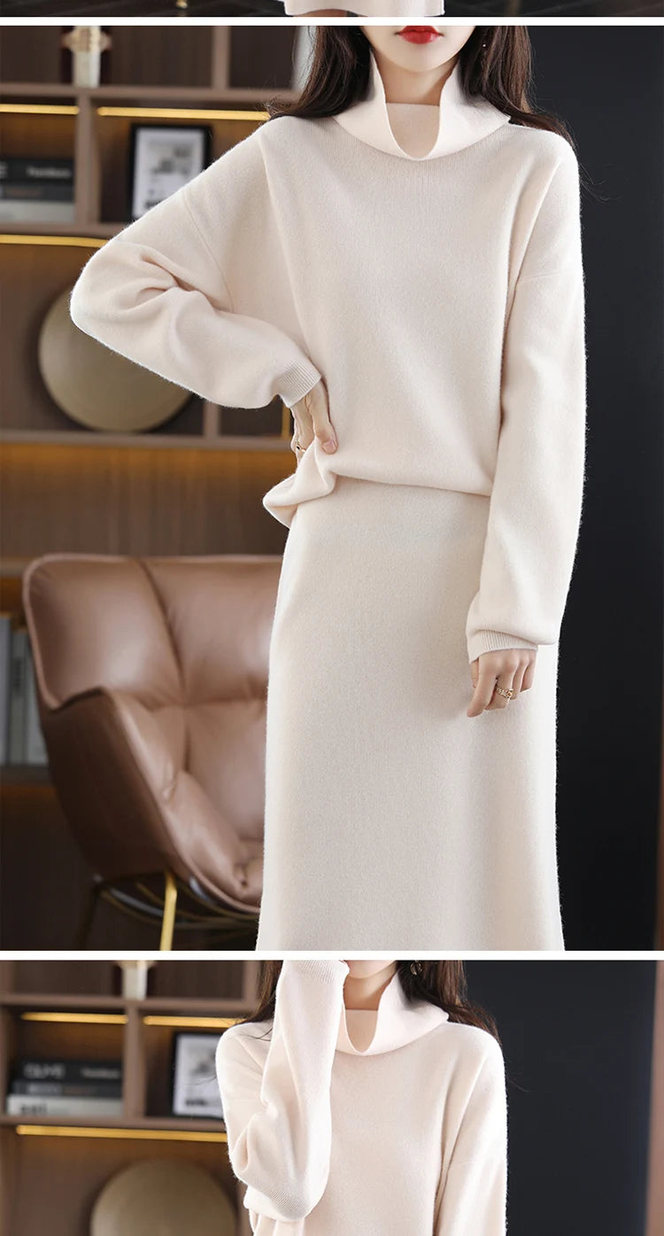 Wool Cashmere Knit Sweater and Skirt Two Piece Set for Women