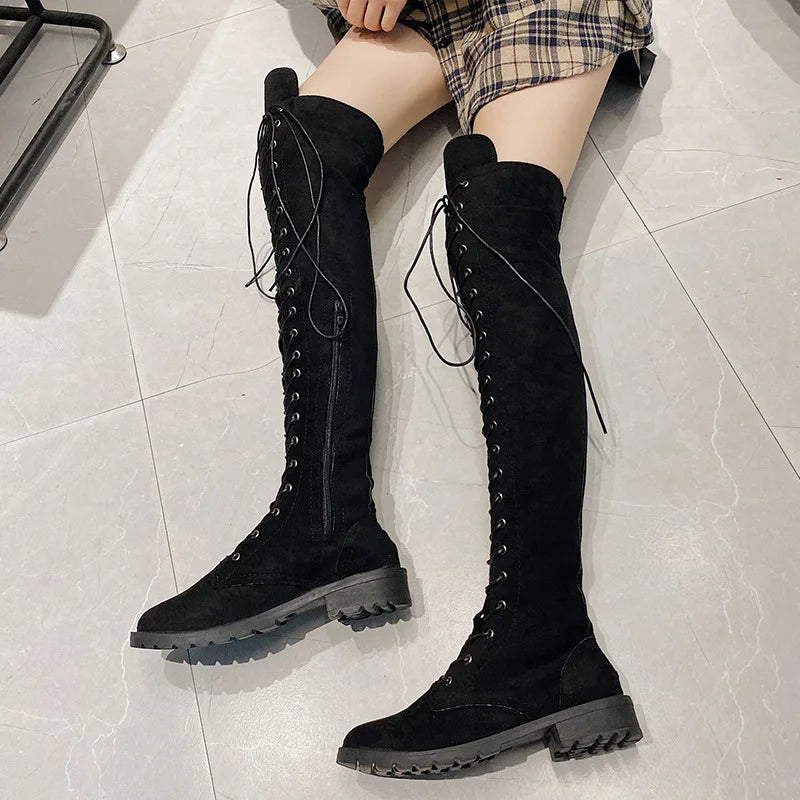 Lace Up Low Heel Winter Over The Knee Boots for Women