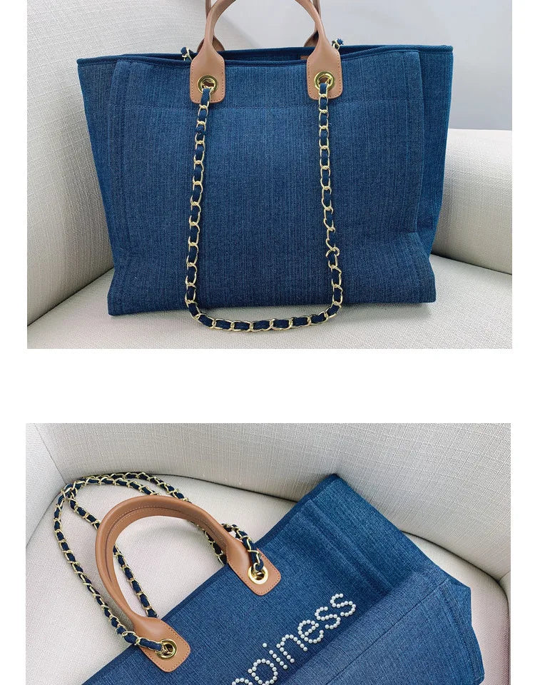 New Women Tote Bag Fashion Canvas Large Handbag Chains Genuine Leather Shoulder Bags Ladies Big Messenger Bag Shopping Bag