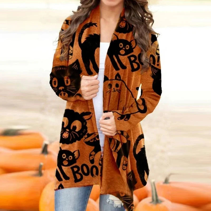 Skull Pumpkin Print Open Front Long Cardigan for Women