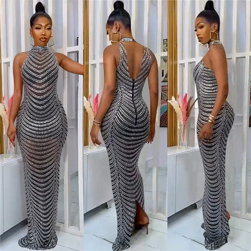 Backless Crystal Rhinestone See Through Bodycon Maxi Dress for Women