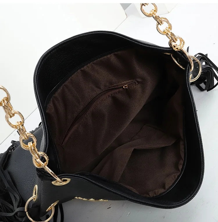 Rivet Tassel Large Capacity Crossbody Shoulder Bag for Women