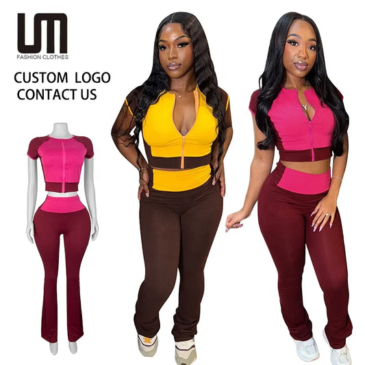 2025 New Women Spring Summer Outfit Set - Round Neck Zipper Tank Top + High Waist Flare Long Pants (Dropshipping/Wholesale)