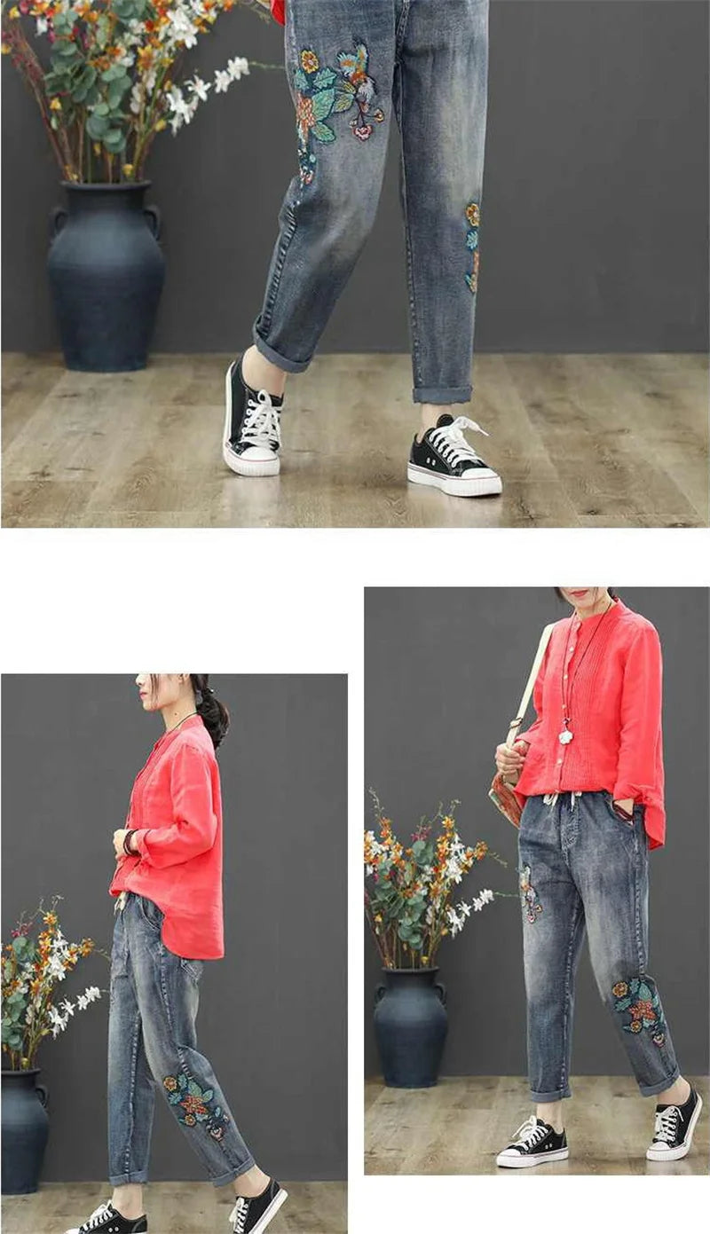 Jeans Woman High Waist Spring Summer Retro Embroidery Denim Trousers Ladies Elastic Waist Harem Pants Loose Jean Femme Pant 124