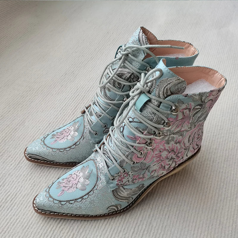 Blue Embroidered Flower Chinese Style Ankle Boots For Women