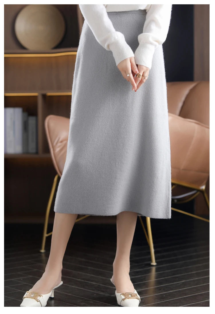 Pure Wool High Waist Knit A-Line Midi Skirt for Women