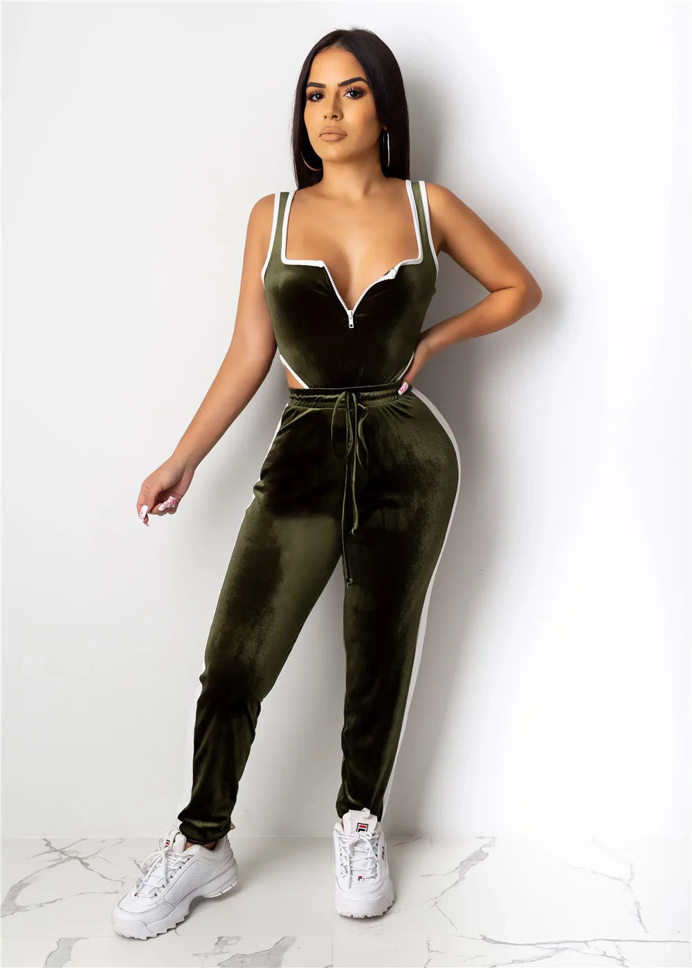 Velvet V-Neck Two Piece Top and Pants Set for Women
