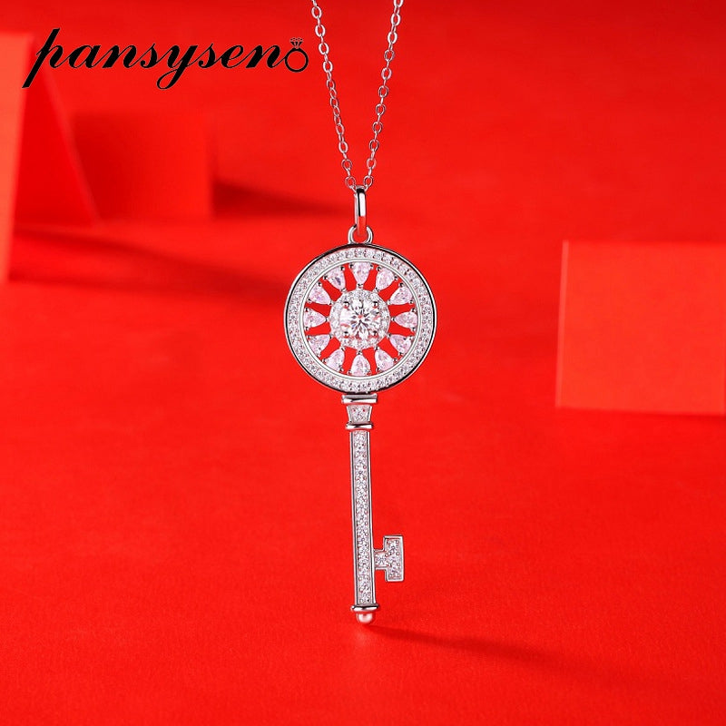 PANSYSEN Classic Key Shape 100% 925 Sterling Silver 0.5ct Real Moissanite Necklace Girls Wedding Engagement Party Gift Wholesale