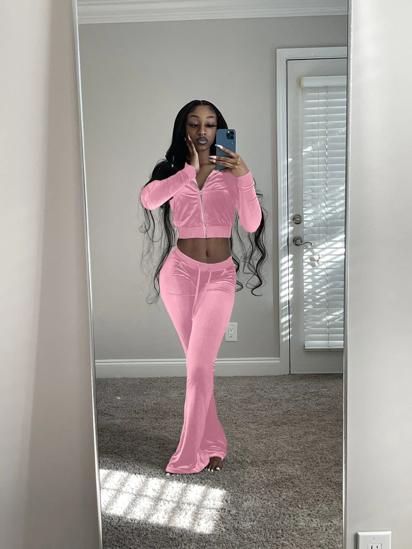 Zippered Turtleneck Velour Two Piece Wide Leg Set for Women