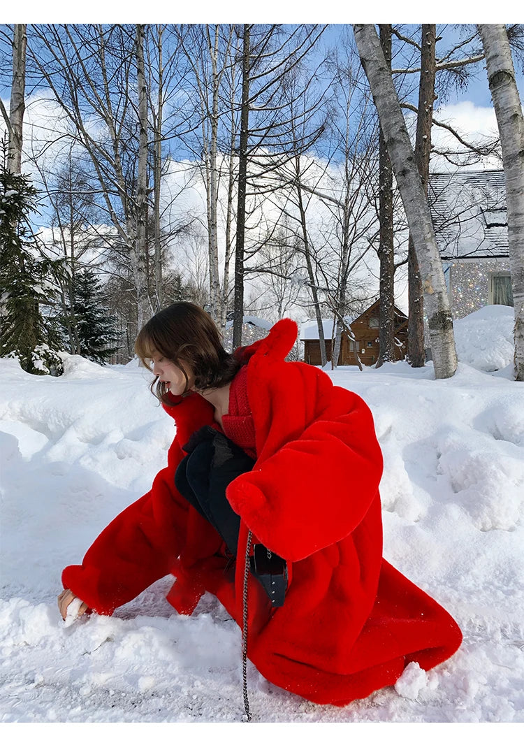 Soft Warm Fluffy Oversized Red Raglan Long Faux Fur Coat for Women