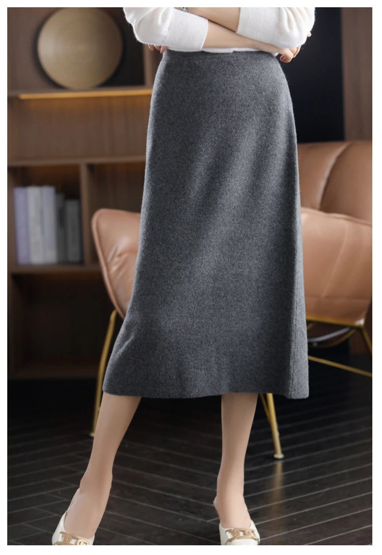 Pure Wool High Waist Knit A-Line Midi Skirt for Women