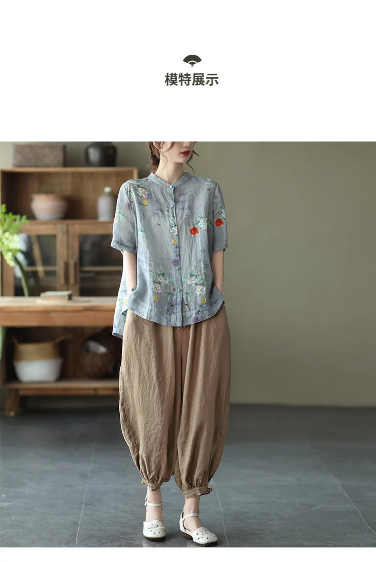 Relaxed Fit Floral Print Cotton Linen Short Sleeve Shirt for Women