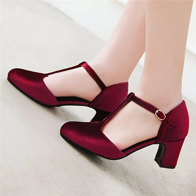 Velvet T Strap Square Heel Mary Janes