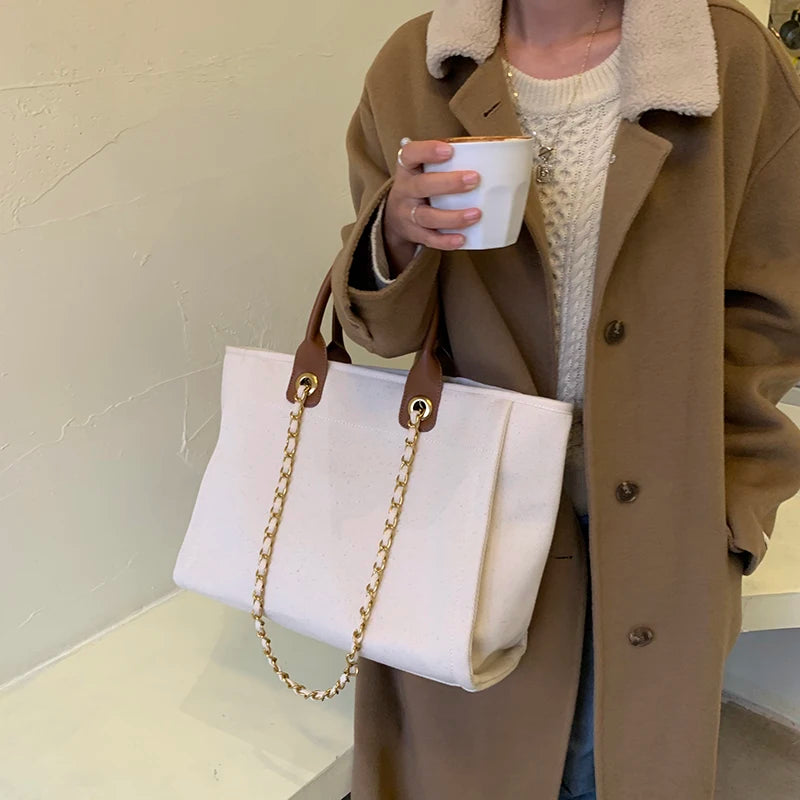 New Women Tote Bag Fashion Canvas Large Handbag Chains Genuine Leather Shoulder Bags Ladies Big Messenger Bag Shopping Bag