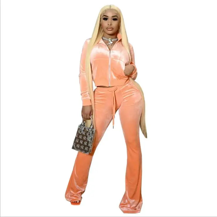 Zippered Turtleneck Velour Two Piece Wide Leg Set for Women