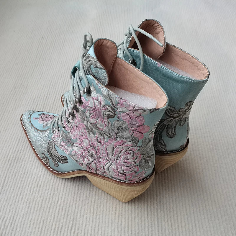 Blue Embroidered Floral Plus Size Ankle Boots for Women
