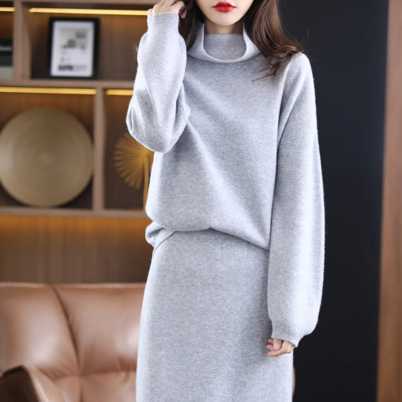 Wool Cashmere Knit Sweater and Skirt Two Piece Set for Women