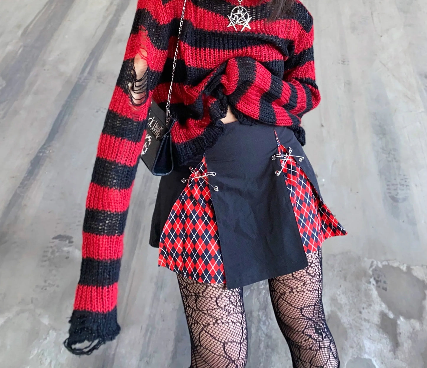 Karrram Punk Gothic Sweater Emo Tops E-girls Mall Goth Pullovers Y2k Harajuku Grunge Clothes Alt Dark Aesthetic Striped Jumpers