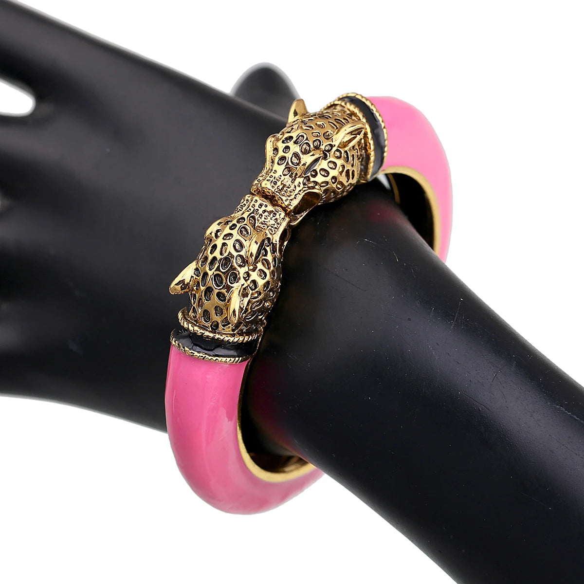 Double Leopard Head Enamel Cuff Bracelet for Women