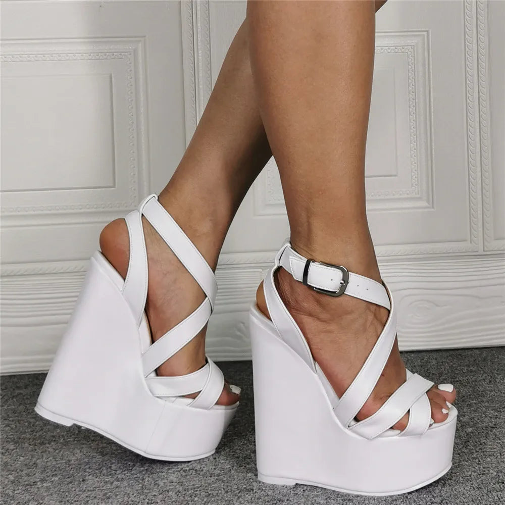 Comfortable Cushioned White Wedge Sandals With Cross Straps For Women