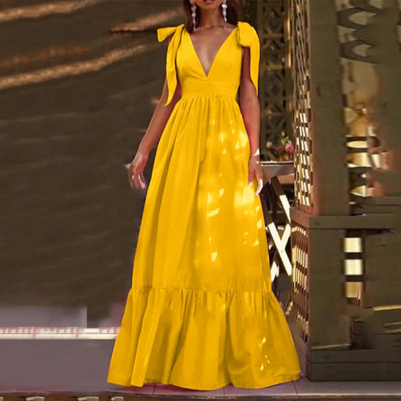 Elegant Backless V-Neck Ruffle Maxi Party Dress for Women
