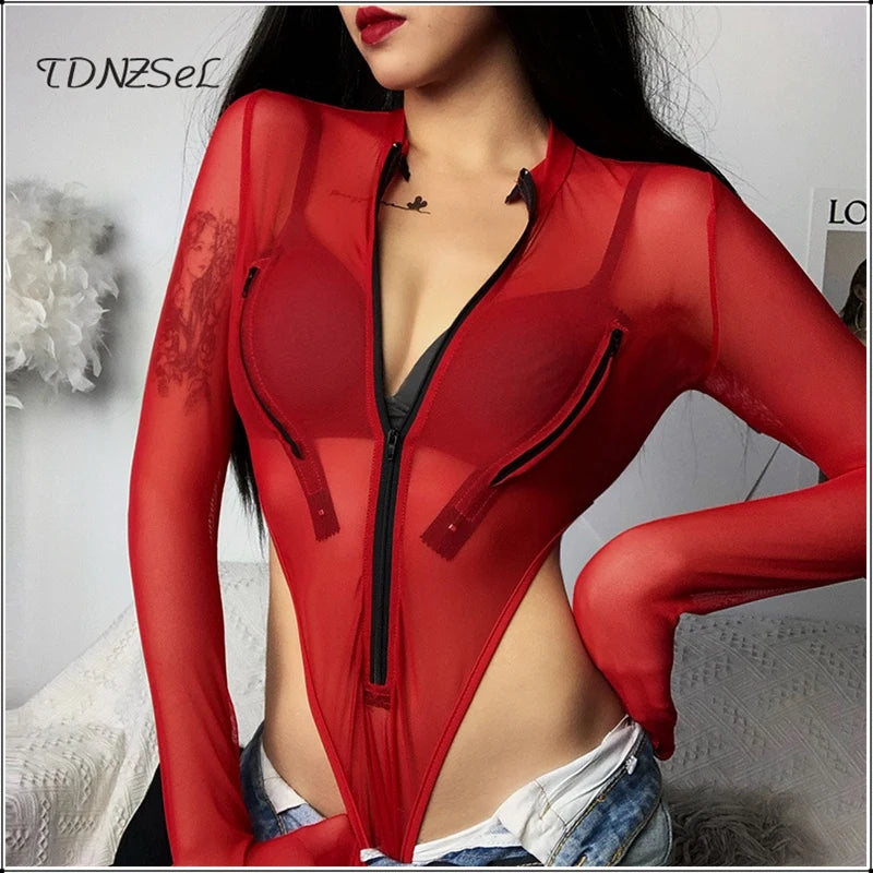 Long Sleeve Sheer Mesh Bodysuit With Pockets For Women