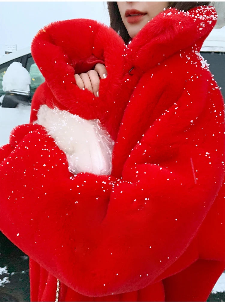 Soft Warm Fluffy Oversized Red Raglan Long Faux Fur Coat for Women
