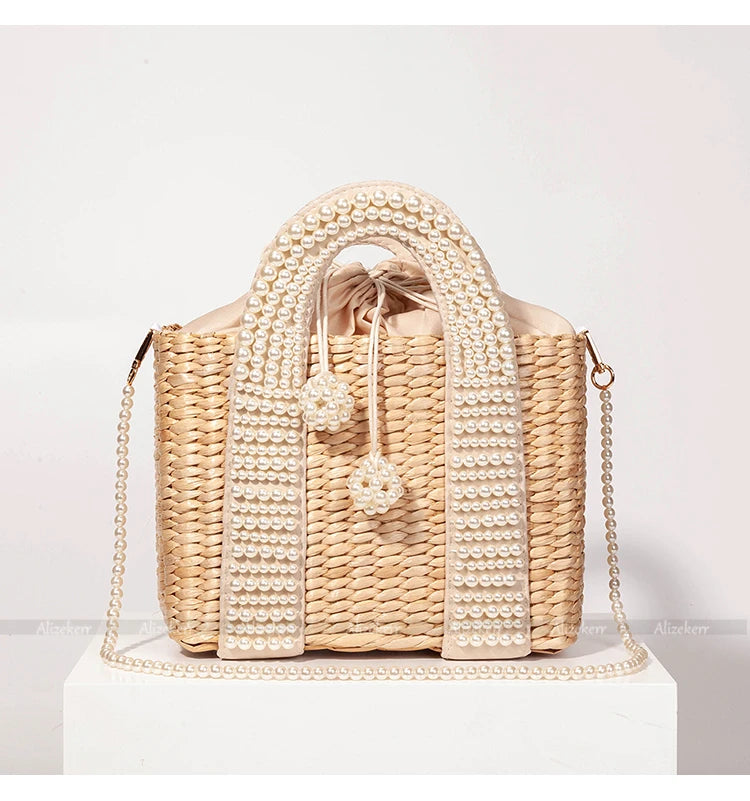 Delicate Handwoven Beaded Straw Tote Bag for Women