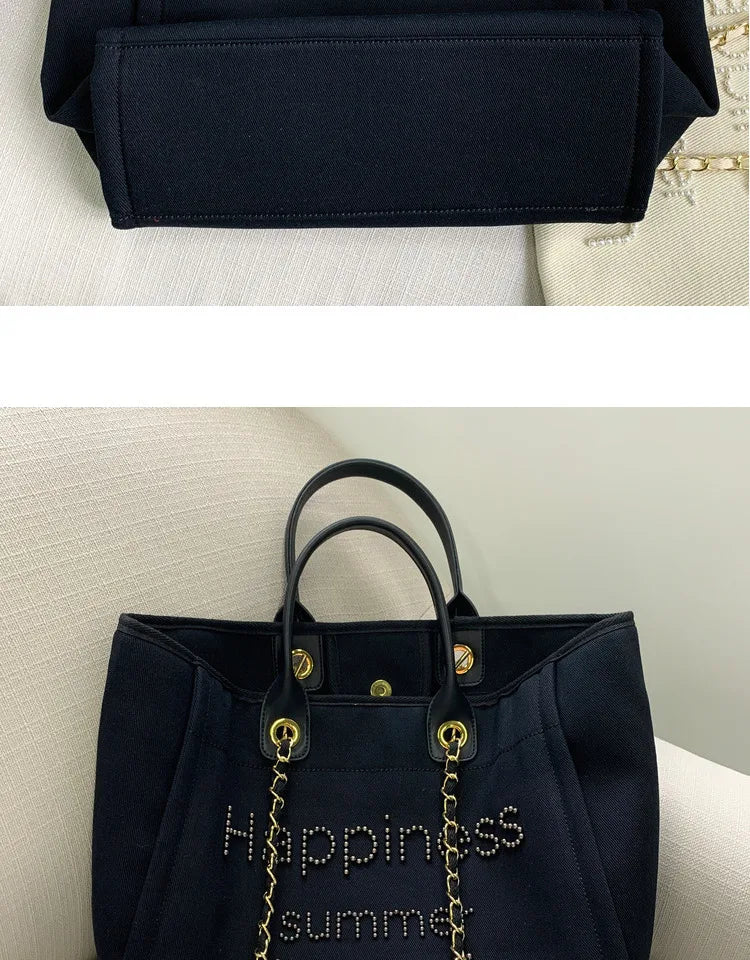 New Women Tote Bag Fashion Canvas Large Handbag Chains Genuine Leather Shoulder Bags Ladies Big Messenger Bag Shopping Bag