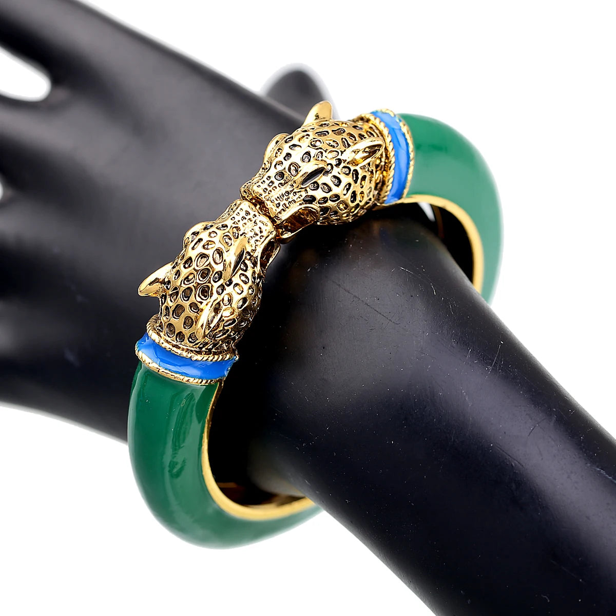 Double Leopard Head Enamel Cuff Bracelet for Women