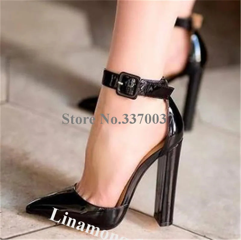 Pointed Toe Patent Leather Chunky Heel Pumps for Women