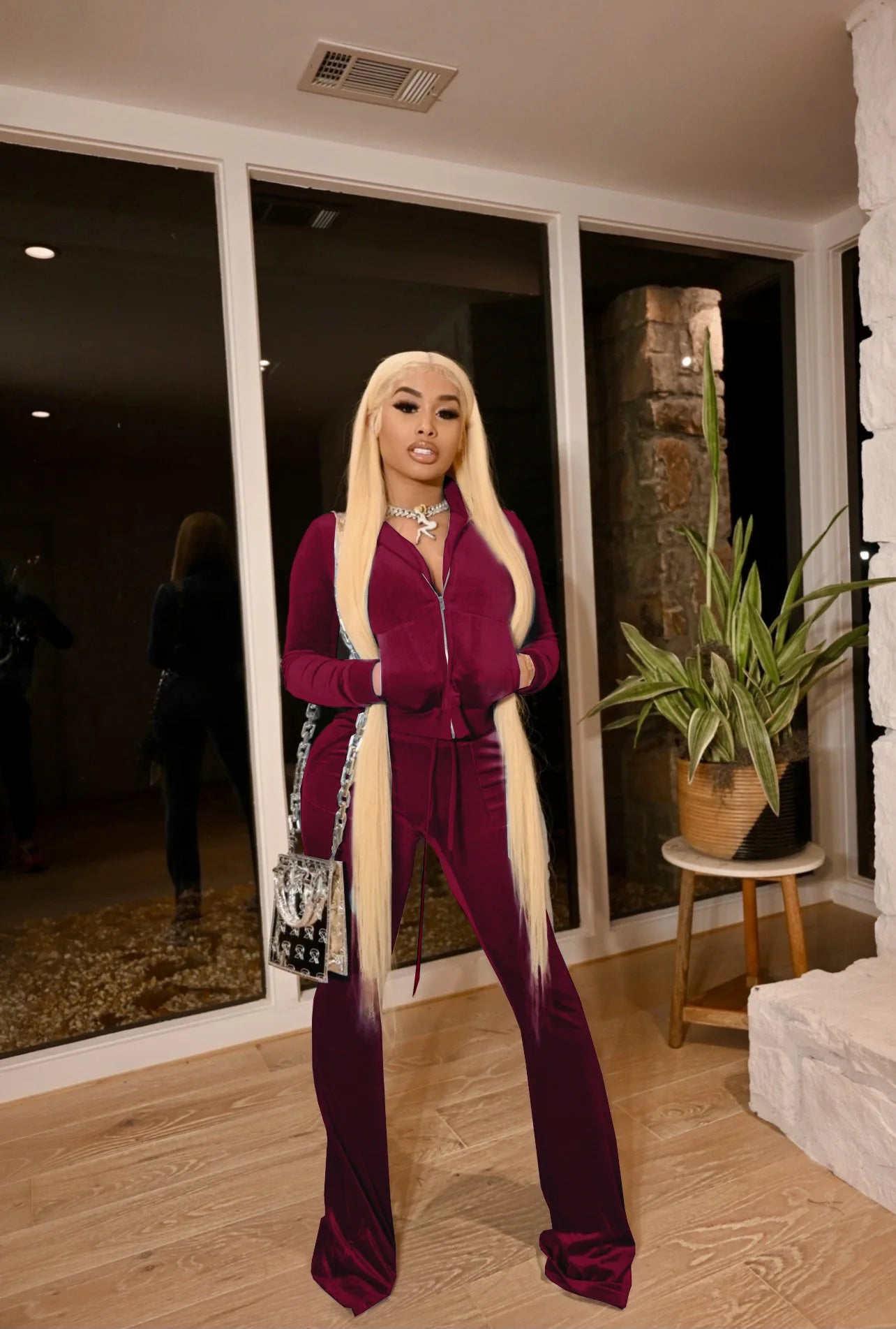 Zippered Turtleneck Velour Two Piece Wide Leg Set for Women