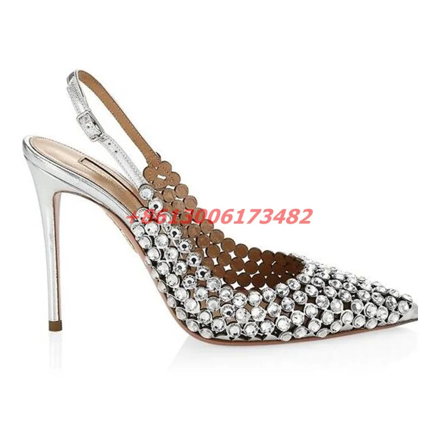 Pointed Toe Crystal Embellished Leather Slingback Pumps for Women