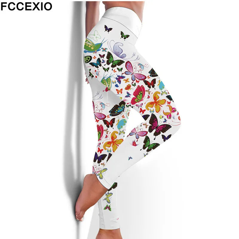 FCCEXIO High Waist Fitness Elastic Leggings 6 Colors The Butterfly 3D Print Sexy  Leggins Casual Workout Sport Pants
