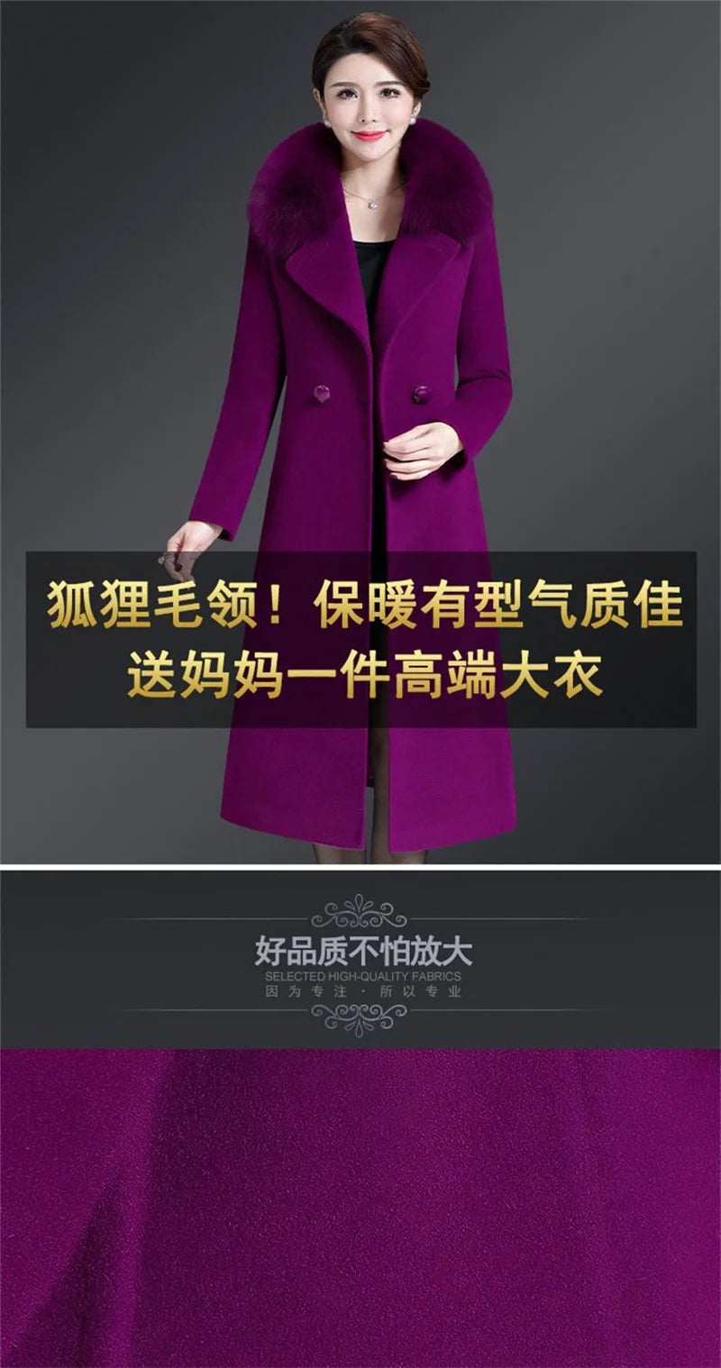 High Quality Big Fur Collar Woolen Coat Women Belt Knee-Length Double Breasted Mid-Long Woolen Jacket For Autumn Winter Outcoat