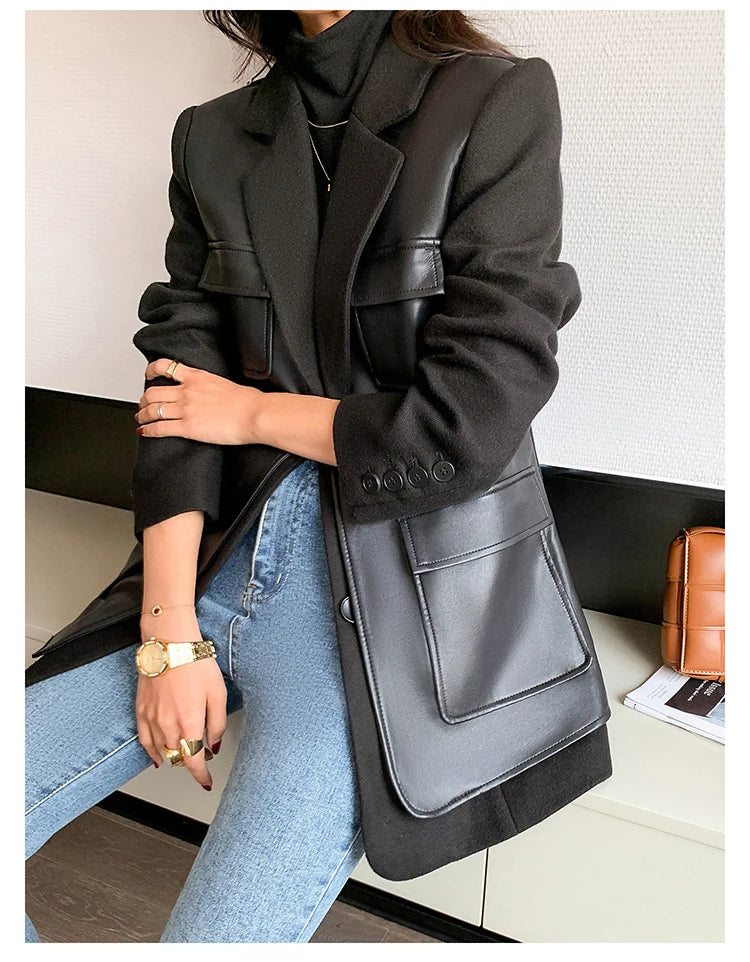 Black Patchwork Faux Leather Jacket With Pockets For Women