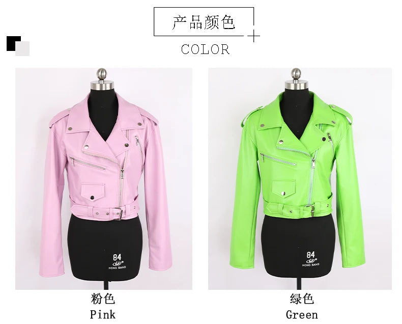 Faux Leather Short Biker Jacket with Zipper and Epaulets for Women