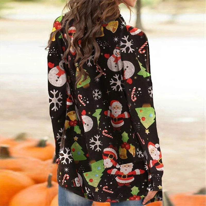 Skull Pumpkin Print Open Front Long Cardigan for Women