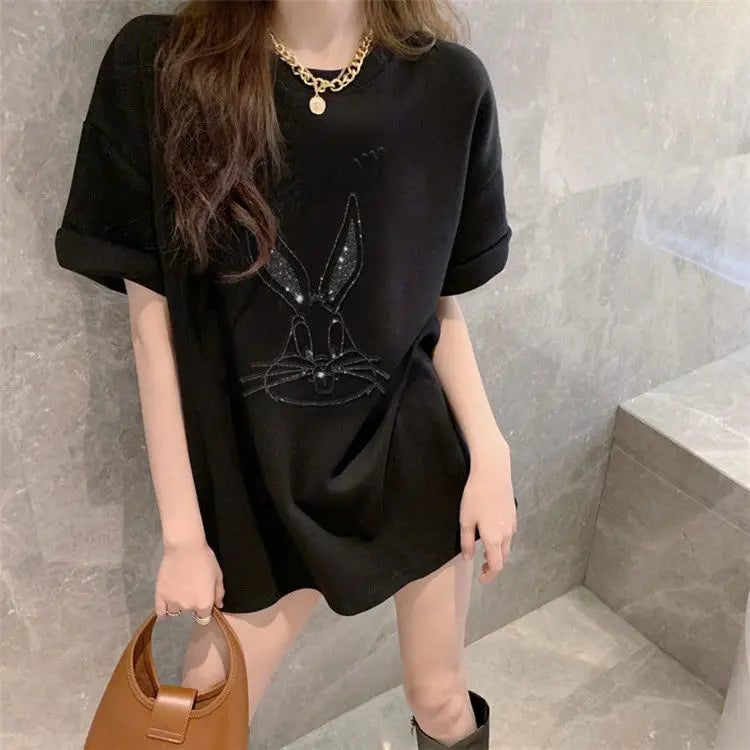 Fashion Women's T-shirt For Summer Short Sleeve Pulovers Midi Loose Clothes Casual Graphic Aesthetic Cotton Tops Korean T Shirt