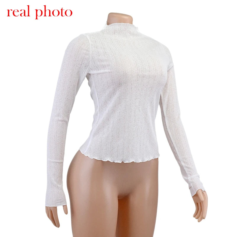 Cryptographic 2025 Fall Elegant See Through Long Sleeve Mock Neck Women Tops Fashion Streetwear Sexy T-Shirts Tees Slim Clothes