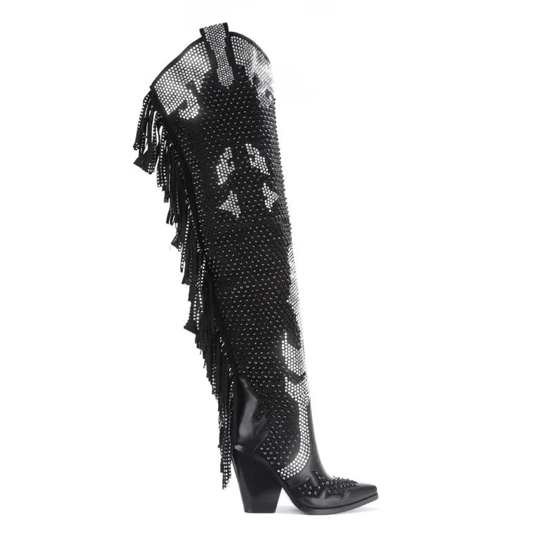Western Rhinestone Fringe Over The Knee Boots For Women