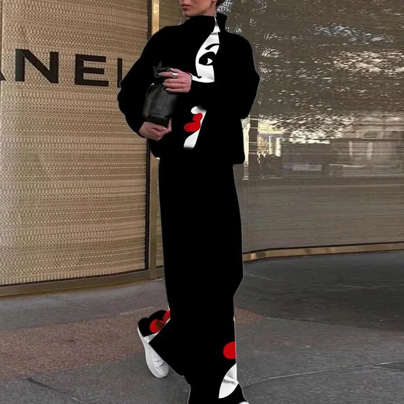 Women Casual Loose Printing Elastic Waist Suits Turtleneck Wide Leg Pants Ladies Outfit Patchwork Sportswear Loungewear Set