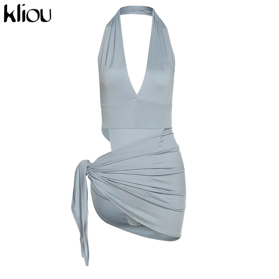 Deep V Neck Backless Halter Two Piece Skirt Set for Women