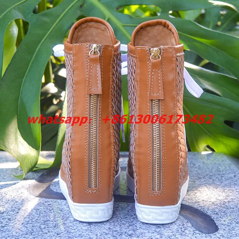 Breathable Brown Woven Lace Up Ankle Boots For Women