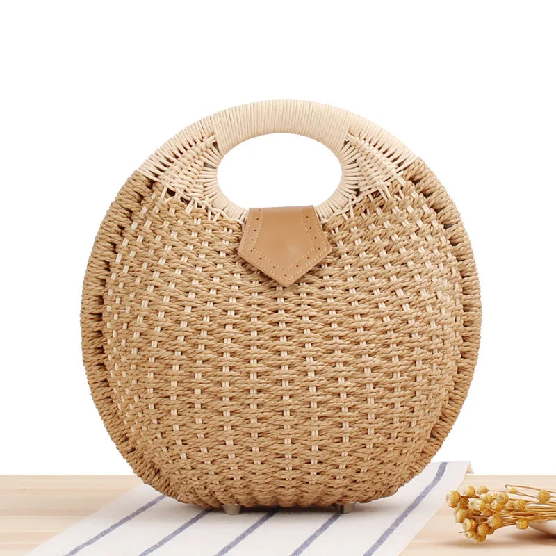 2025 Fashion Women's Shell Handbag Cute Rattan Straw Handwoven Totes Casual Simple Braided Top-handle Bag Shell Shape