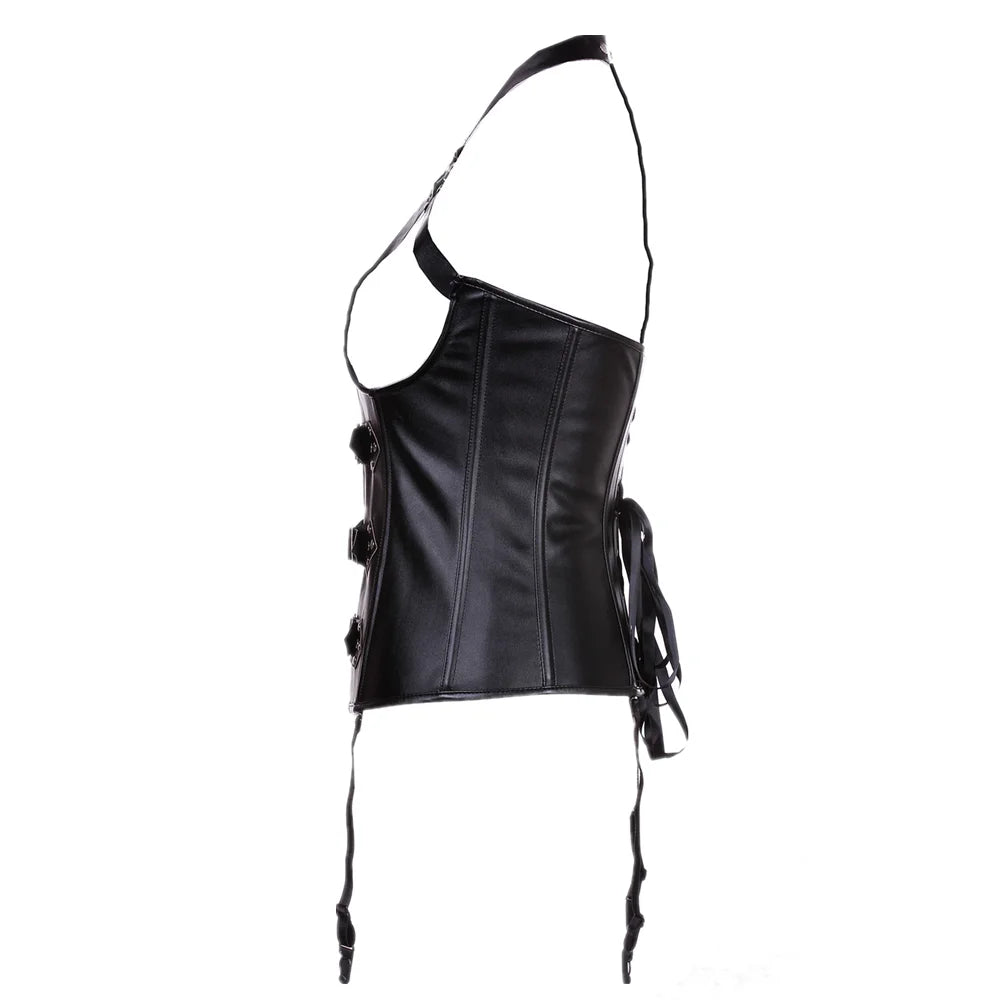 Gothic Halter Underbust Steampunk Black Faux Leather Corset for Women