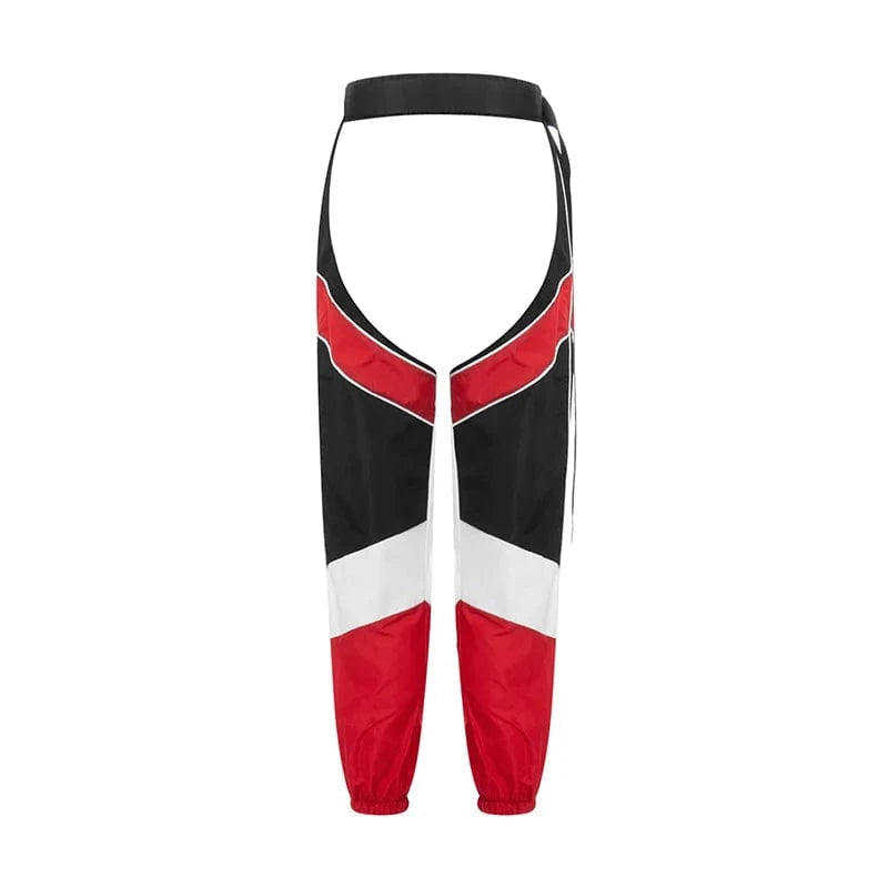 hirigin Women Buckles Bottomless Pants High Waist Cargo Trousers Crothchless Color Block Boggy Trousers Long Rave Legging